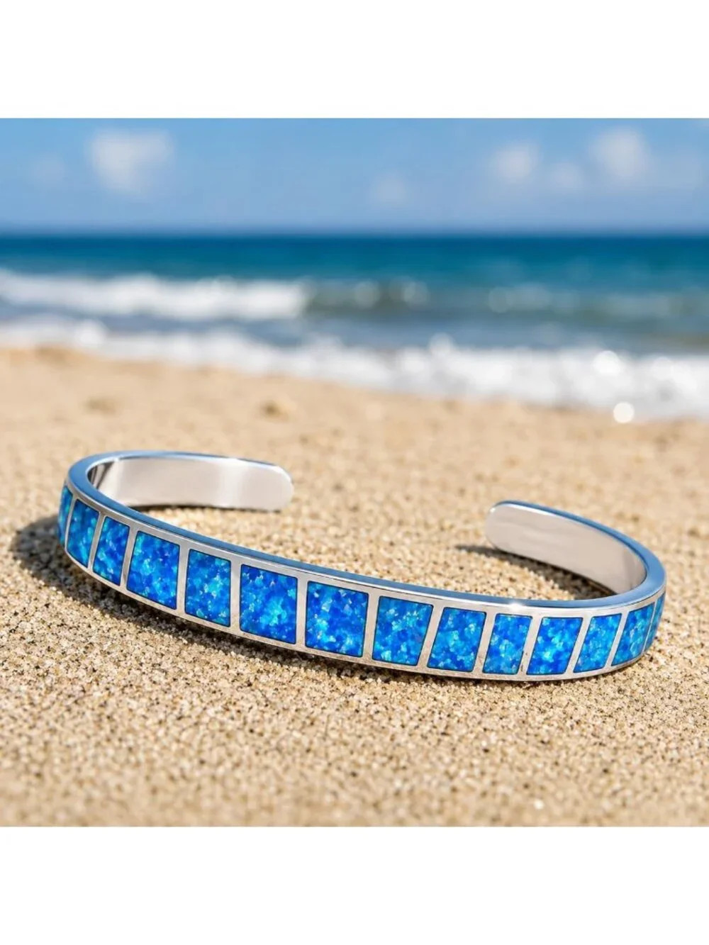 Adjustable Blue Fire Opal Cuff Bracelet - Turquoise & Lapis Boho Silver Bangle